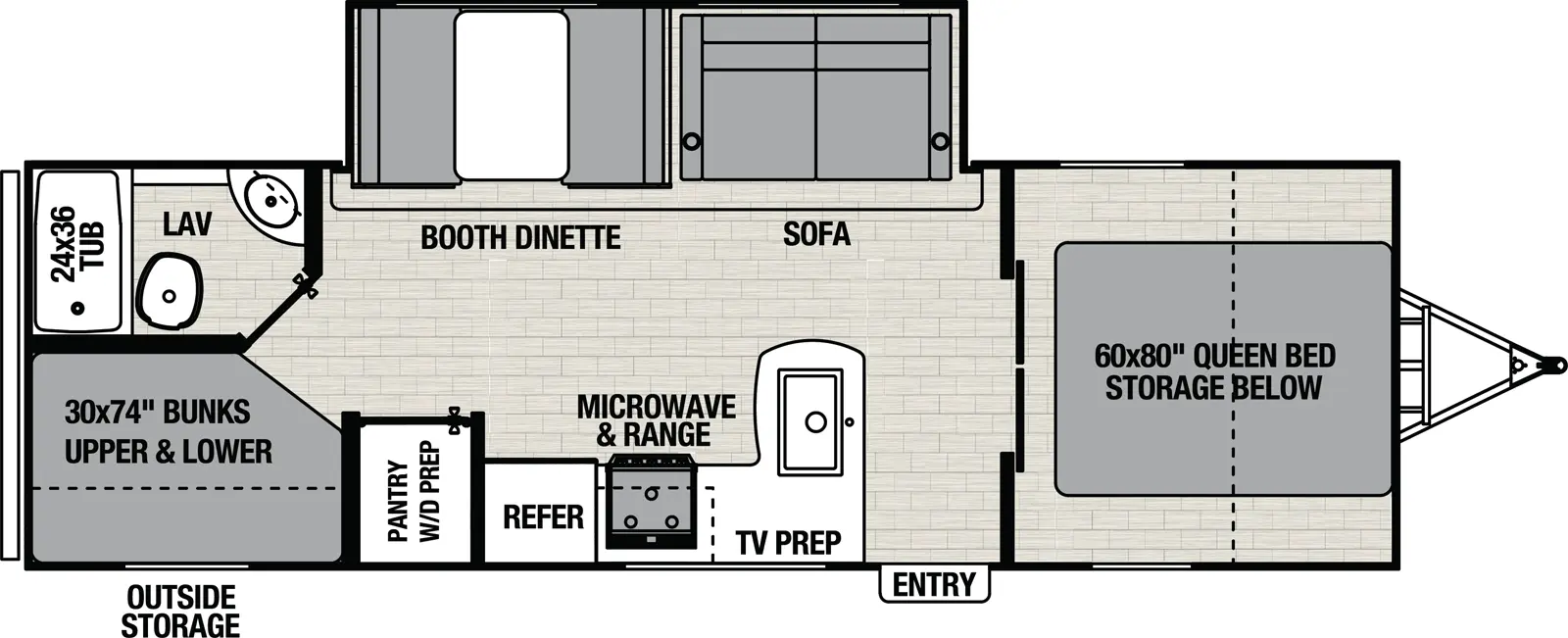 The Northern Spirit SE 26BH floorplan has one entry and one slide out. Exterior features include: fiberglass exterior and 20' awning. Interiors features include: bunk beds and front bedroom.